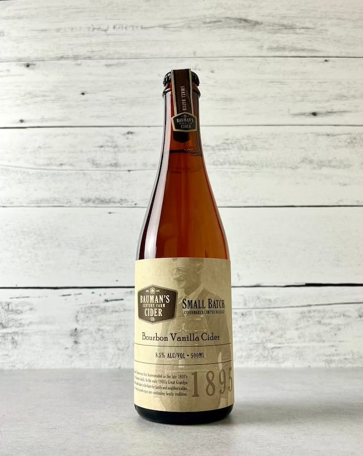 500 mL bottle of Bauman's Small Batch Bourbon Vanilla Cider