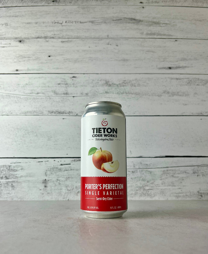 16 oz can of Tieton Cider Works Porter's Perfection Single Varietal Semi-Dry Cider