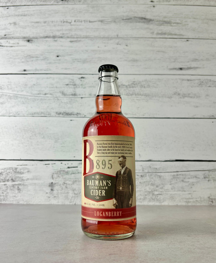 Photo of a 500 mL bottle of Bauman's Cider Loganberry