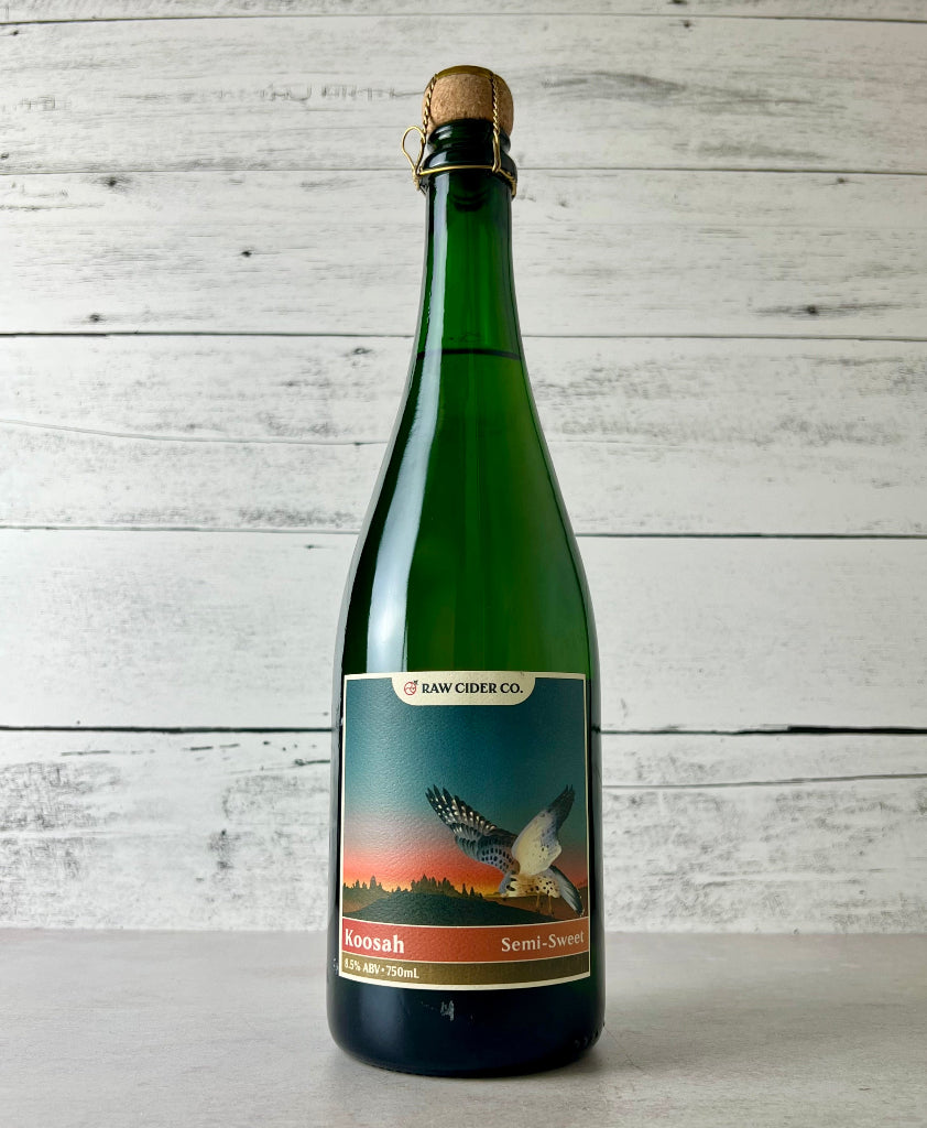 Photo of a 750 mL bottle of RAW Cider Co. Koosah Semi-Sweet cider