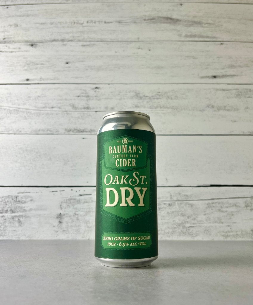 16 oz can of Bauman's Cider Oak St. Dry - Zero Grams of Sugar
