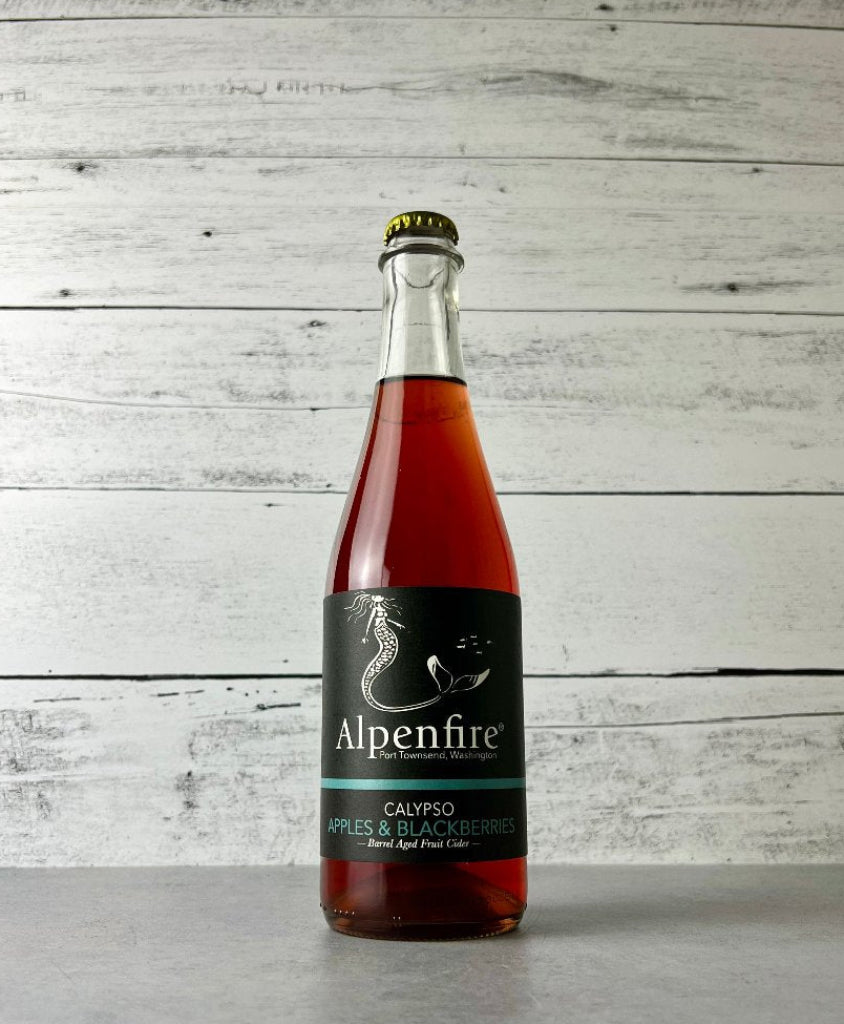 500 mL clear bottle of Alpenfire Calypso Apples & Blackberries - Barrel Aged Fruit Cider - filled with deep magenta cider