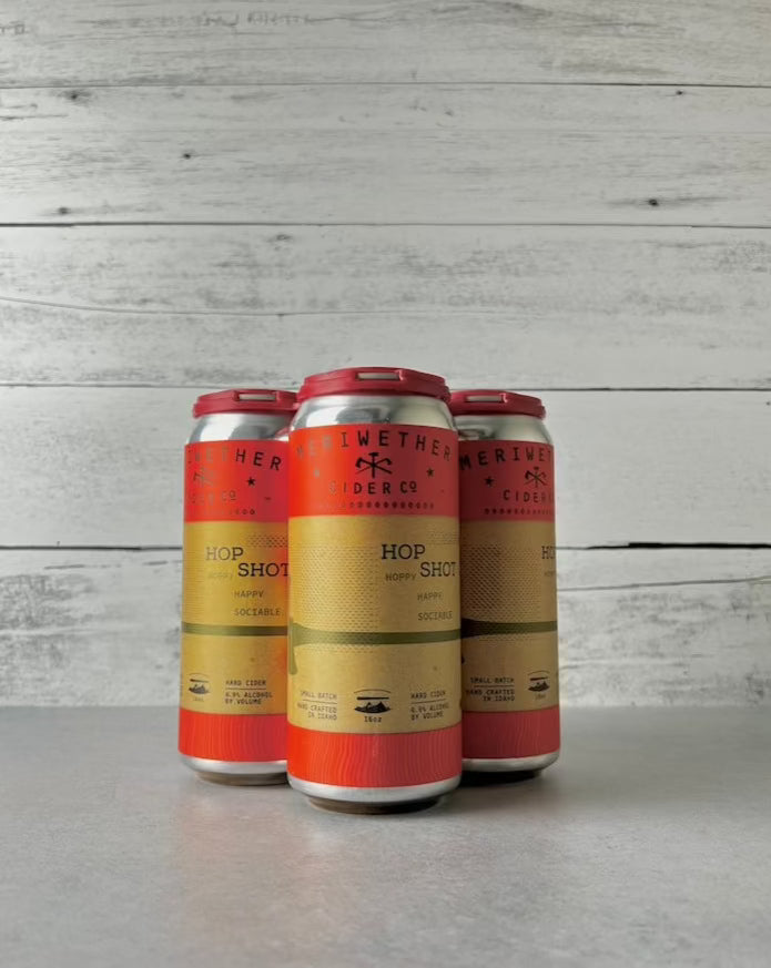 Four 16-oz cans of Meriwether Cider Hop Shot