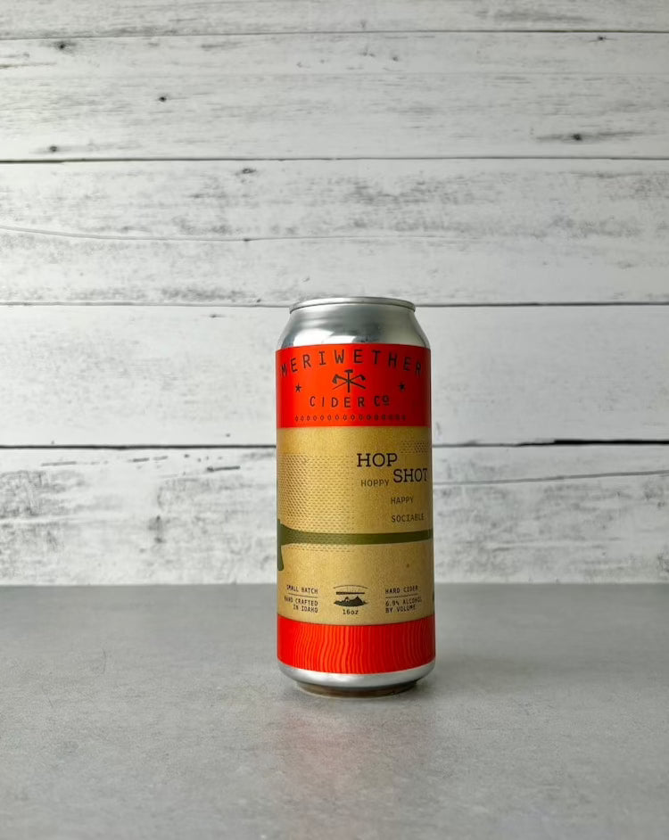 16 oz can of Meriwether Cider Hop Shot cider - Hoppy Hoppy Sociable