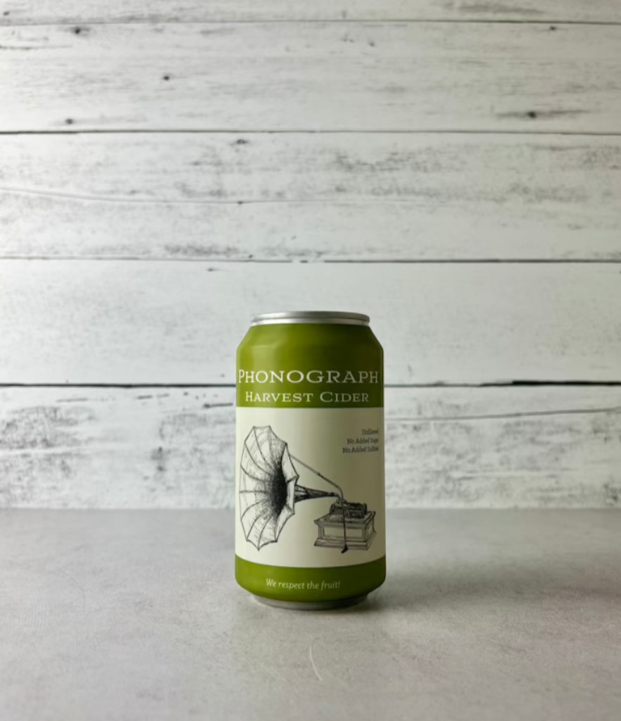 12 oz green can of Phonograph Harvest Cider Un-Sweet