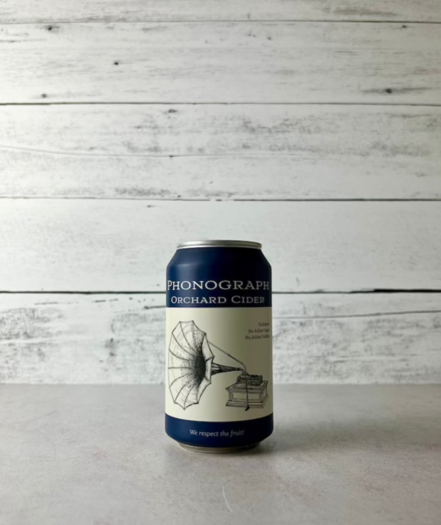 12 oz blue can of Phonography Orchard Cider