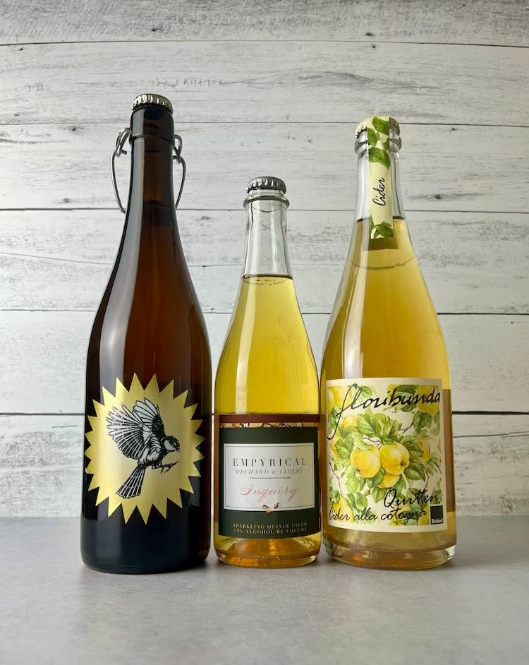 3 bottles of quince cider: Art + Science, Empyrical Inquiry, Floribunda Quitten