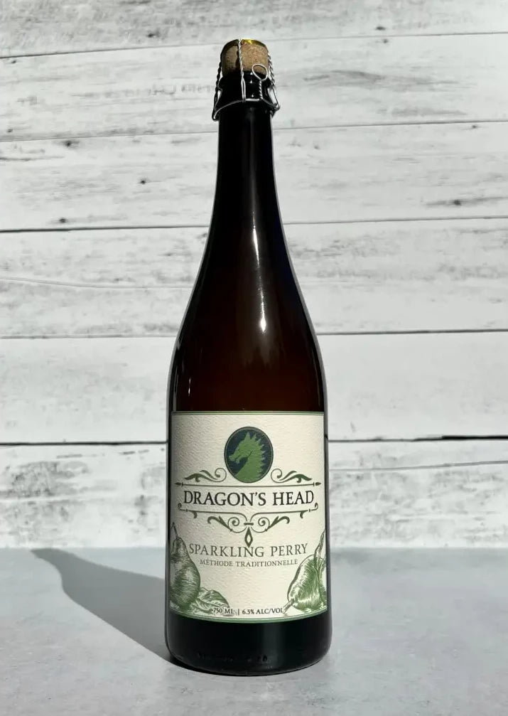 750 mL bottle of Dragon's Head Sparkling Perry Methode Traditionelle with cork and cage top