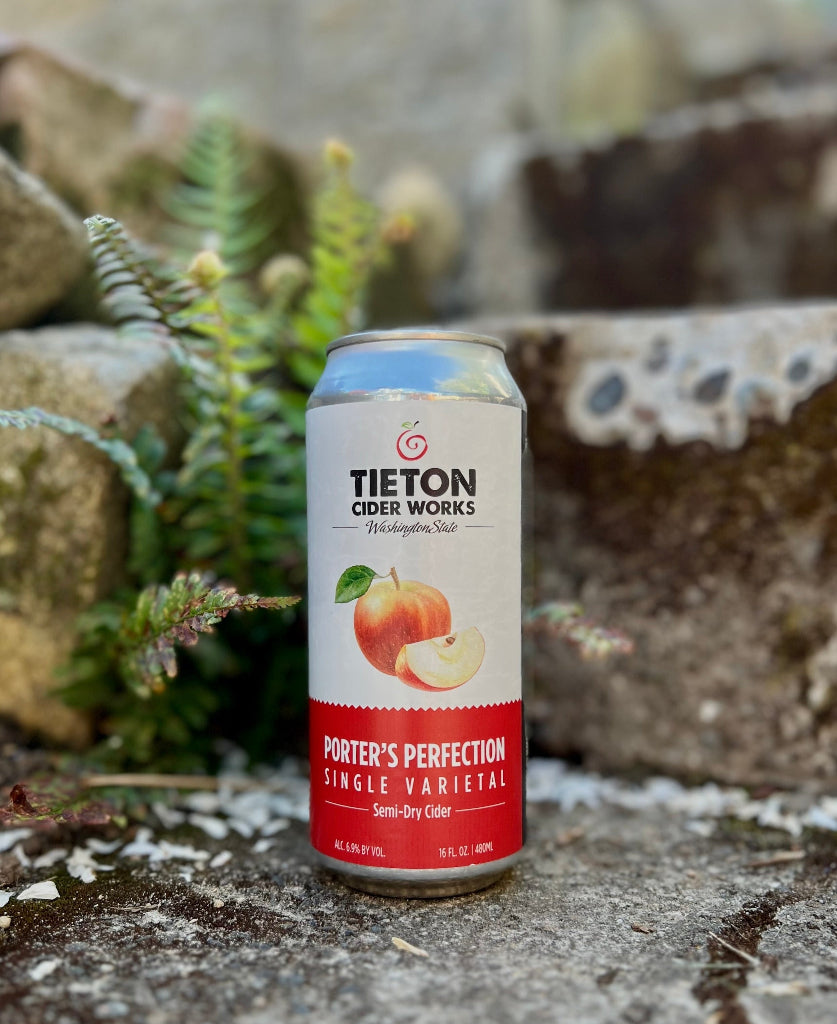 16 oz can of Tieton Cider Works Porter's Perfection Semi-Dry Cider