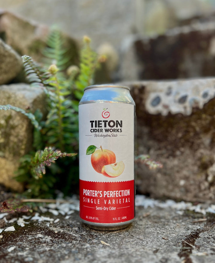 16 oz can of Tieton Cider Works Porter's Perfection Semi-Dry Cider