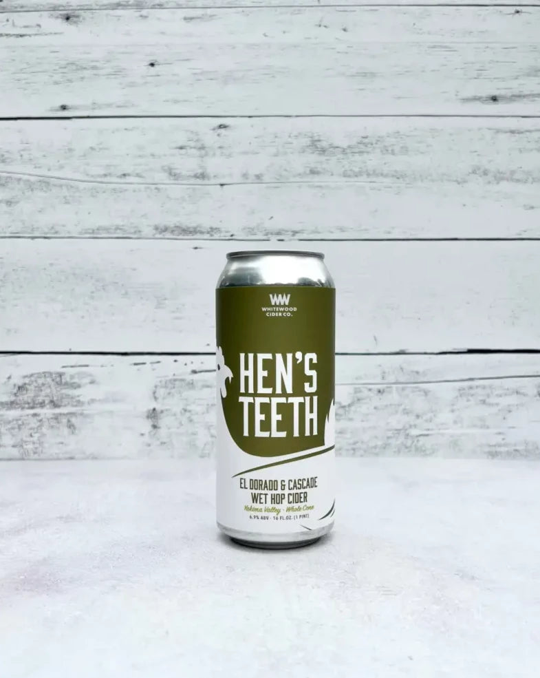 16 oz can of Whitewood Cider Co. Hen's Teeth El Dorado & Cascade Wet Hop Cider - Yakima Valley - Whole Cone