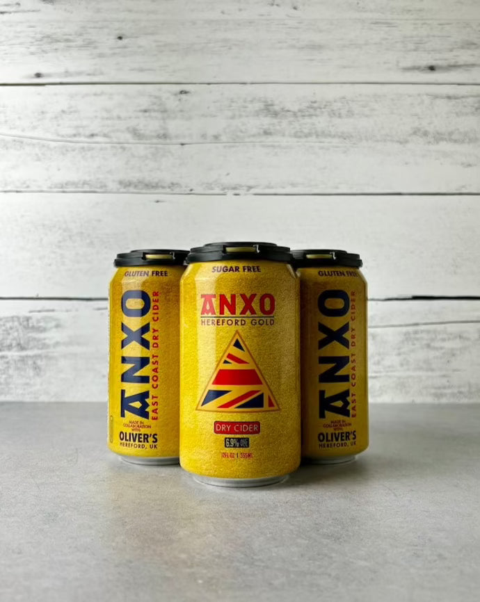 4-pack of 12 oz cans of Anxo Hereford Gold Dry Cider collab with Oliver's Cider