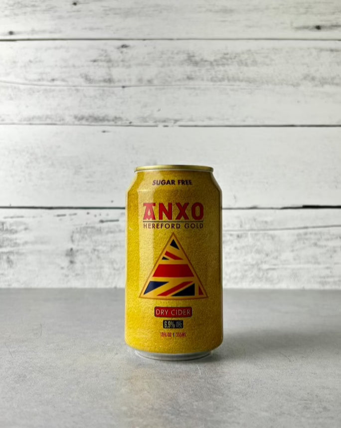 12 oz can of Anxo Hereford Gold Dry Cider collab with Oliver's Cider