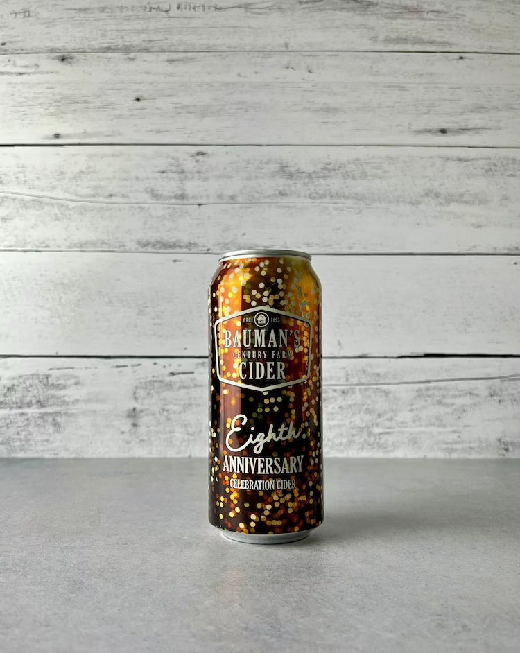 16 oz can of Bauman's Cider Eight Anniversary Celebration Cider