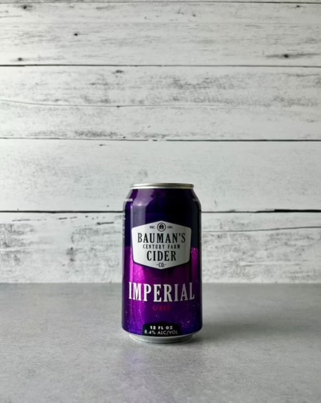 12 oz can of Bauman's Cider Imperial Cider