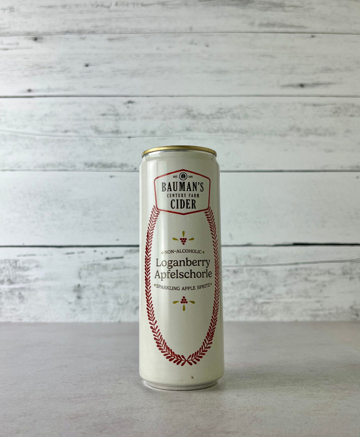 12 oz Can of Bauman's Non-Alcoholic Cider Loganberry Apfelschorle - sparkling apple spritz 
