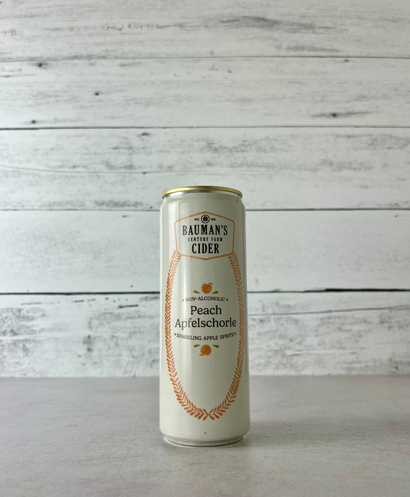 12 oz Can of Bauman's Non-Alcoholic Cider Peach Apfelschorle - sparkling apple spritz 