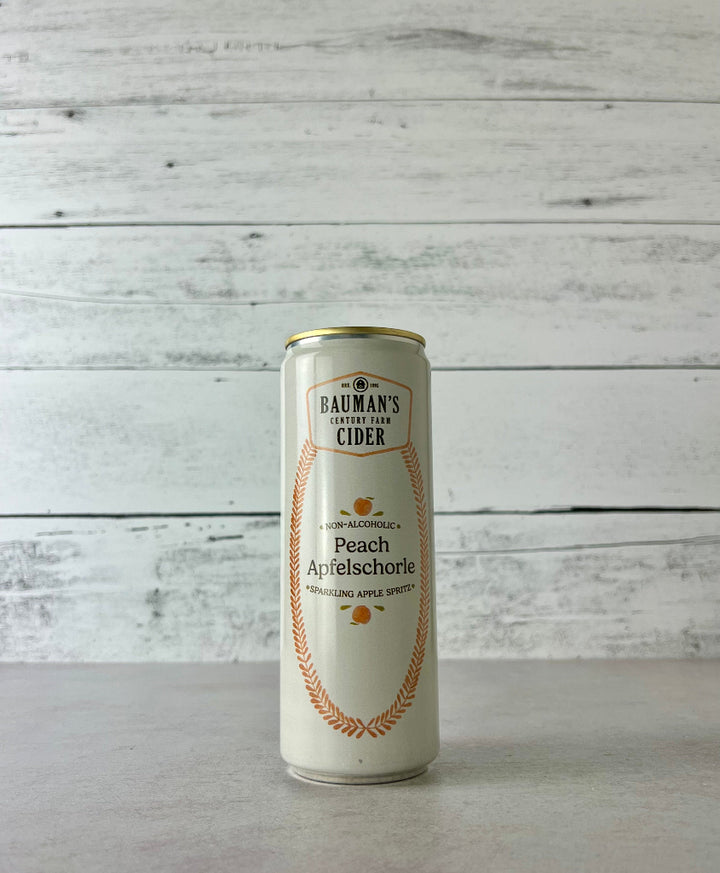 12 oz Can of Bauman's Non-Alcoholic Cider Peach Apfelschorle - sparkling apple spritz 