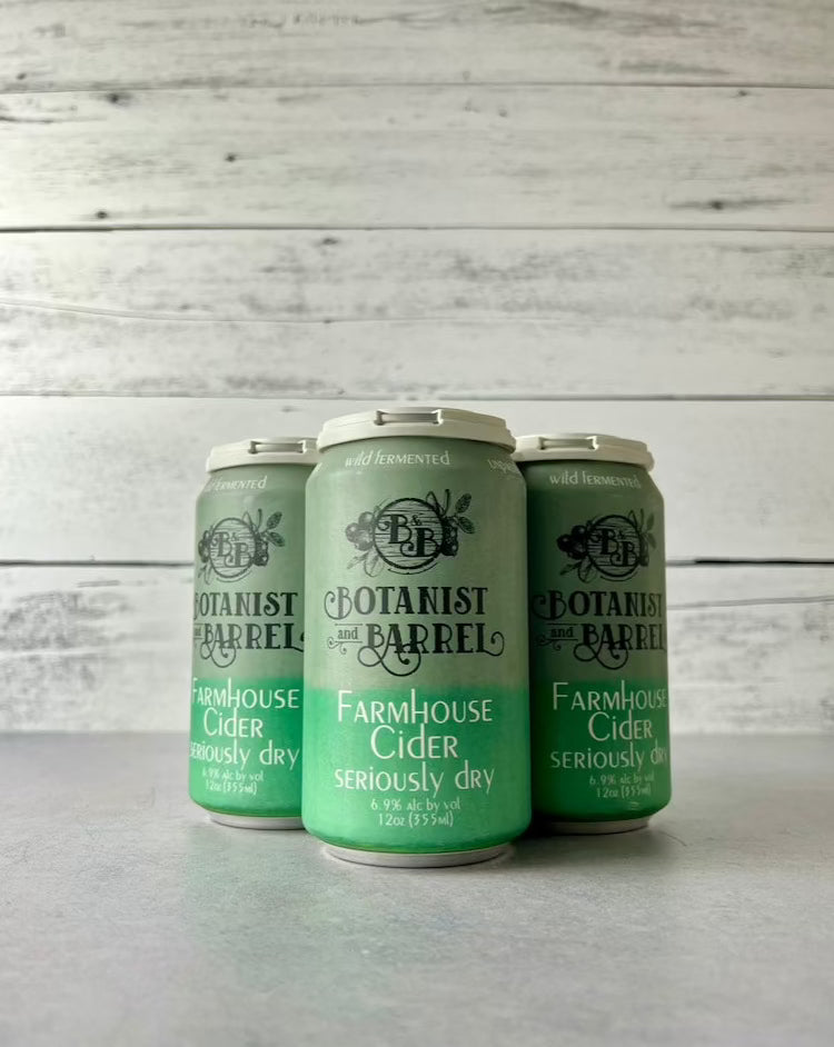 4-pack of 12 oz cans  of Botanist & Barrel Farmhouse Cider Seriously Dry