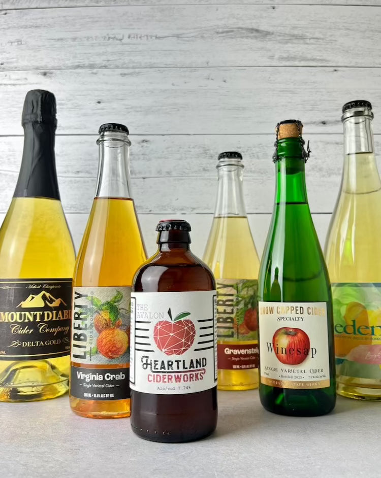 6 bottles of award winning cider from Mount Diablo Cider,  Liberty Ciderworks, Heartland Ciderworks, Snow Capped Cider, and Eden Cider