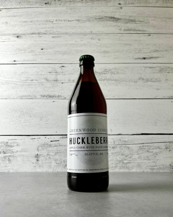 500 mL bottle of Greenwood Cider Huckleberry cider - Seattle, WA