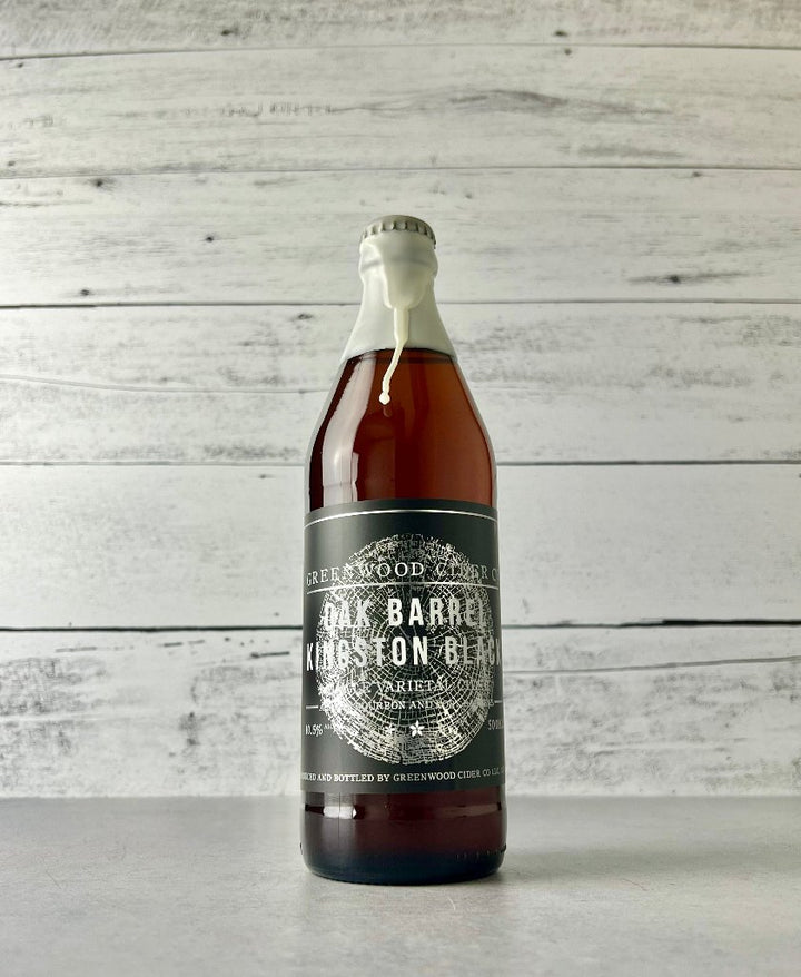 500 mL bottle of Greenwood Cider Oak Barrel Kingston Black Single Varietal Cider