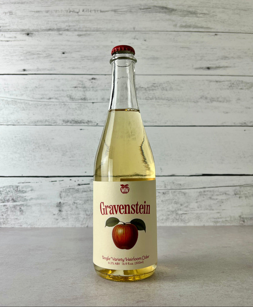 Photo of a 500 mL bottle of Whitewood Gravenstein cider | Single-Variety Heirloom Cider