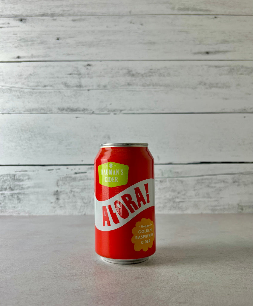 Photo of a 12 oz can of Bauman's Cider Alora Golden Raspberry Cider