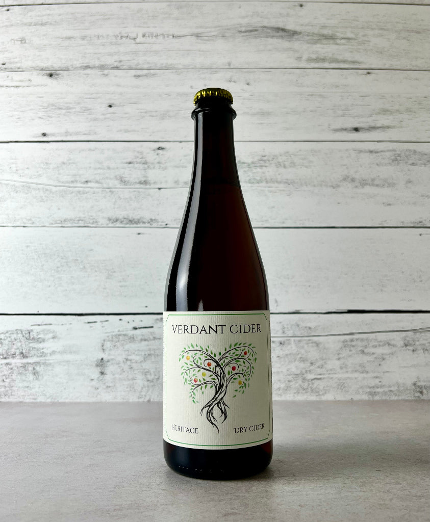 Photo of a 500 mL bottle of Verdant Cider Heritage Dry Cider