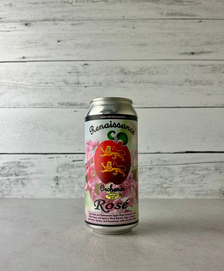 Photo of a 16 oz Can of Renaissance Orchards Rose on a light wooden background