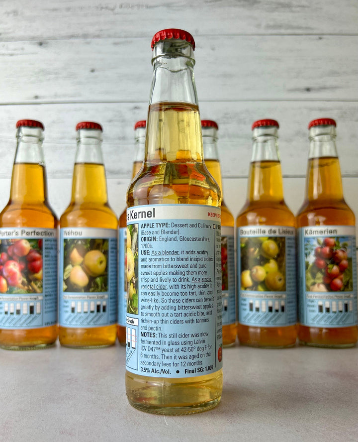 Ashmead's Kernel single varietal cider with details on label including Apple Type, Use, and Notes
