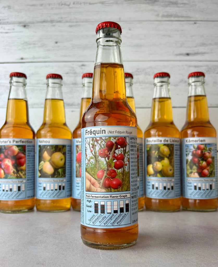 Frequin single varietal cider (Not Frequin Rouge) with post-fermentation flavor graph on label, including levels of tannins, aromatics, acidity, astringent, sweetness, and phenolics