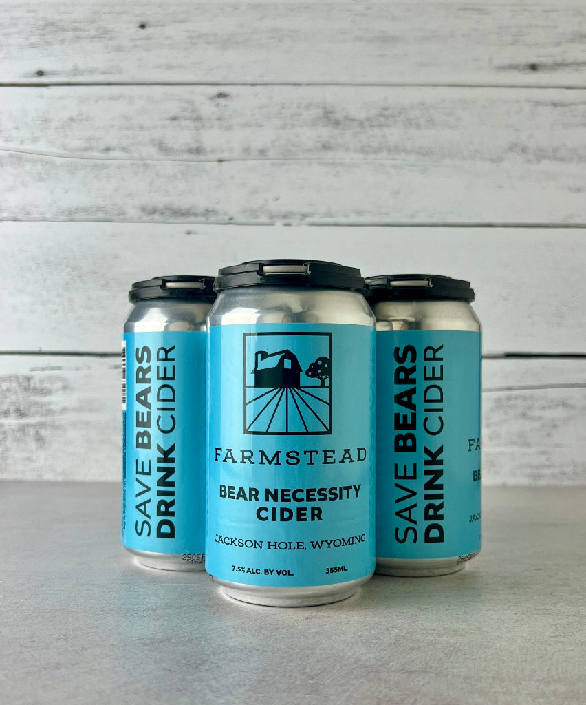 4-pack of 12-oz cans of Farmstead Bear Necessity Cider - Jackson Hole, Wyoming cider - Save Bears Drink Cider