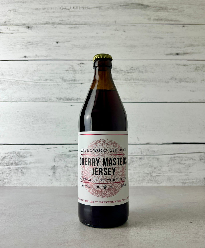Photo of a 500 mL bottle of Greenwood Cider Co. Cherry Masters Jersey  cider - Carbonated Cider with Cherries