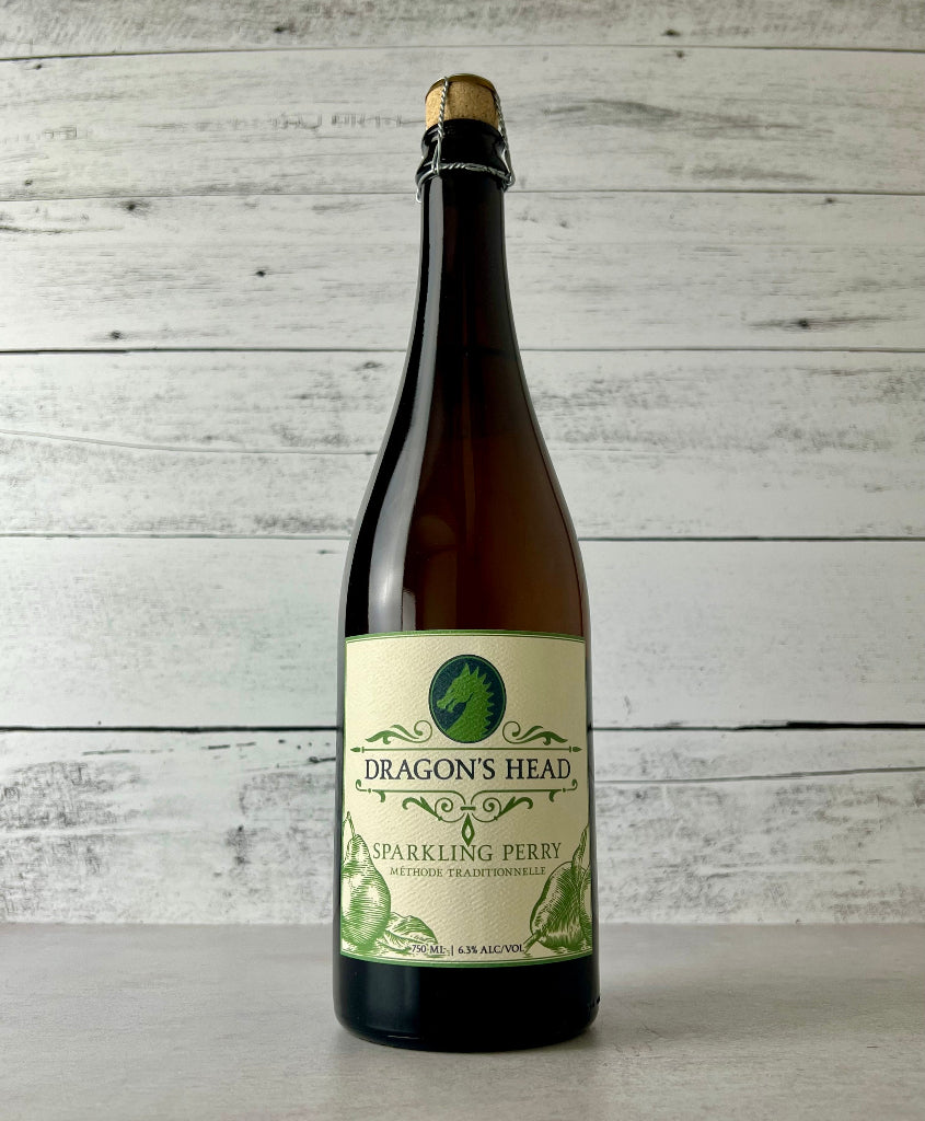 Photo of a 750 mL bottle of Dragon's Head Sparkling Perry Methode Traditionelle with cork and cage top