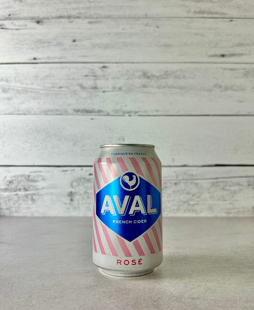 Photo of a 12 oz pink and blue can of Aval French Cider - Rosé
