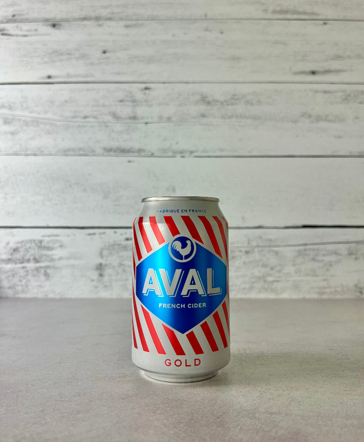 Photo of a 12 oz red and blue can of Aval French Cider - Gold