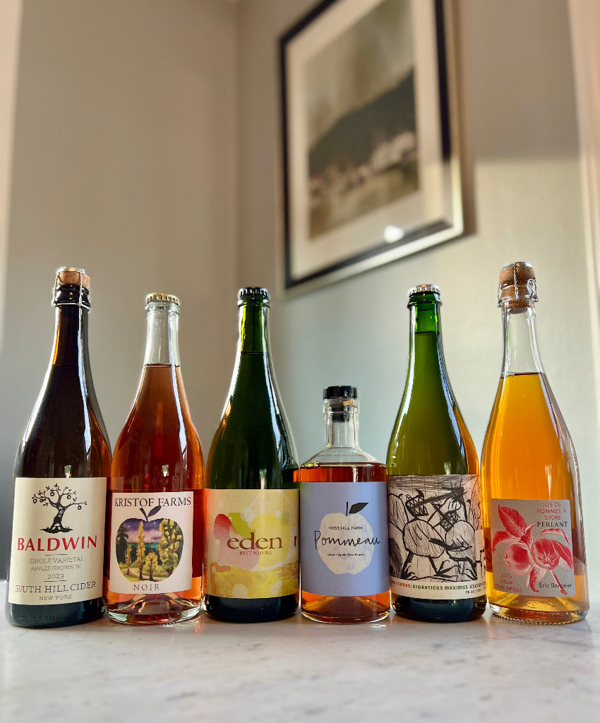 Photo of 6-bottles of cider, from left to right: South Hill Cider Baldwin, Kristof Farms Noir, Eden Brut Nature, Rose Hill Farm Pommeau, PIF Giganticus Maximus, Eric Bordelet Perlant Juice from Cider Apples