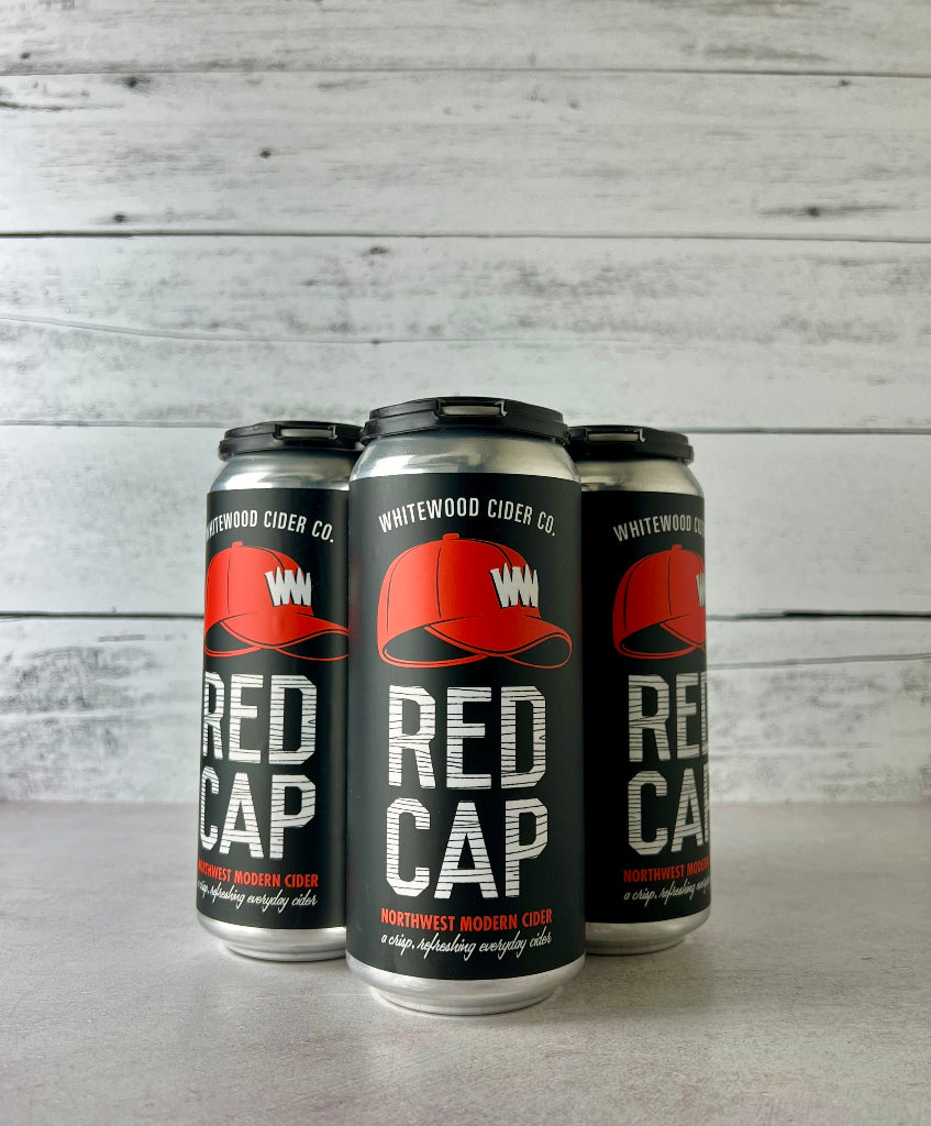 Photo of a 4-pack of 16 oz cans of Whitewood Cider Co. Red Cap - Northwest Modern Cider
