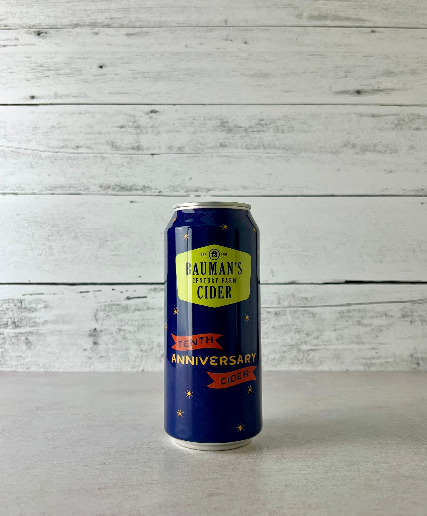 Photo of a 16 oz can of Bauman's Century Farm Cider Tenth Anniversary Cider