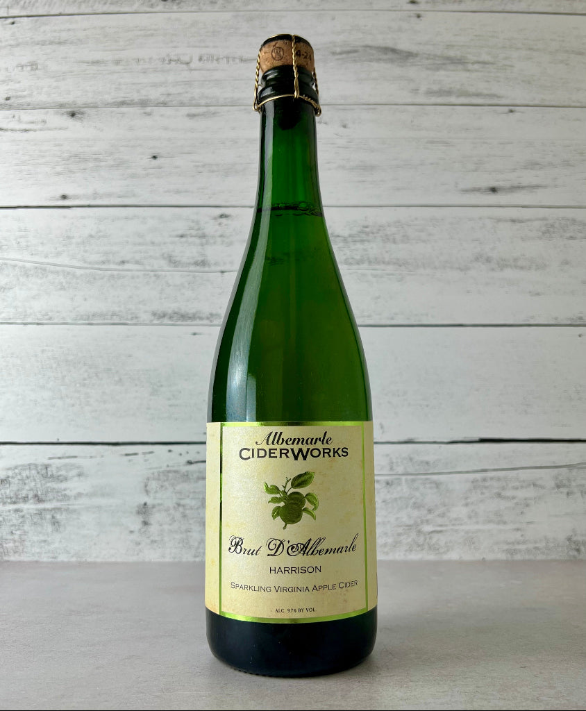 Photo of a 750 mL cork and cage bottle of Albemarle Ciderworks Brut D'Albemarle Harrison Sparkling Virginia Apple Cider