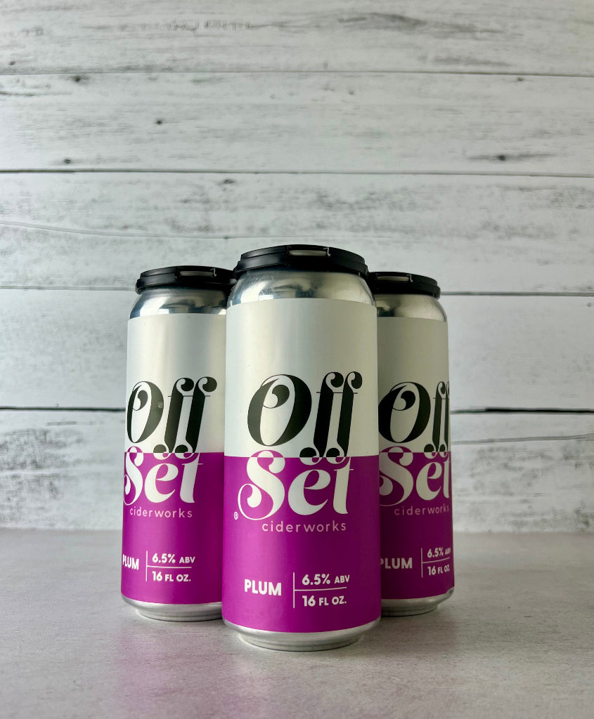 Photo of a 4-pack of 16 oz cans of Offset Ciderworks Plum Cider