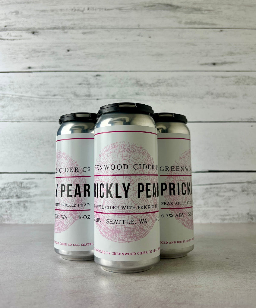 Photo of a 4-pack of 16 oz cans of Greenwood Cider Prickly Pear - Pear Apple Cider with Prickly Pear