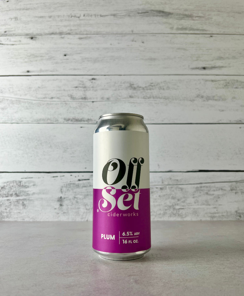 Photo of a 16 oz can of Offset Ciderworks Plum Cider