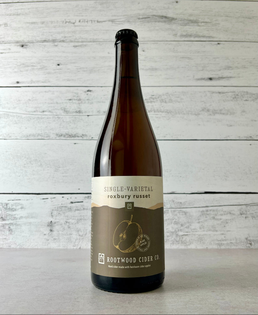 Photo of a 750 mL bottle of Rootwood Cider Single-Varietal Roxbury Russet cider