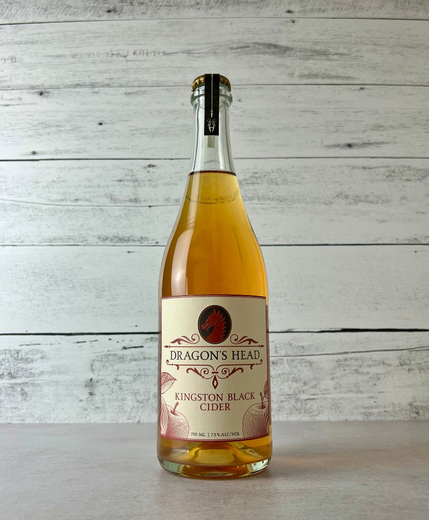 750 mL clear glass bottle of Dragon's Head Kingston Black Cider