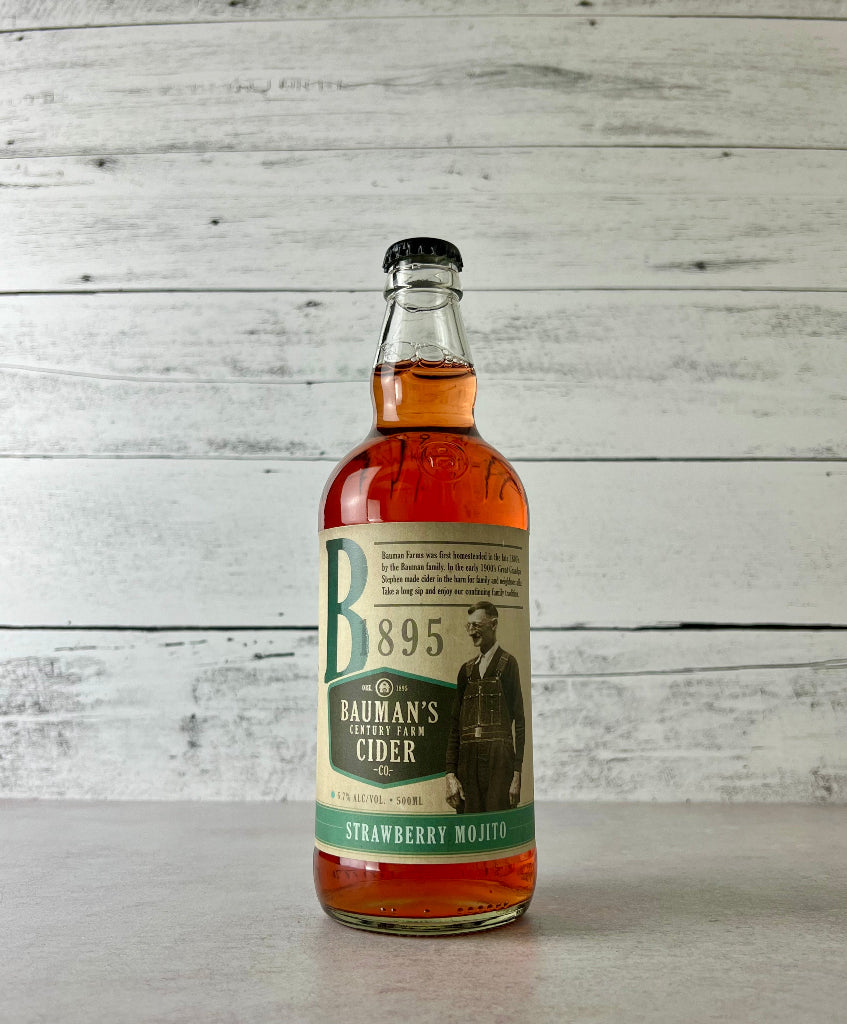 Photo of a 500 mL bottle of Bauman's Century Farm Cider - Strawberry Mojito