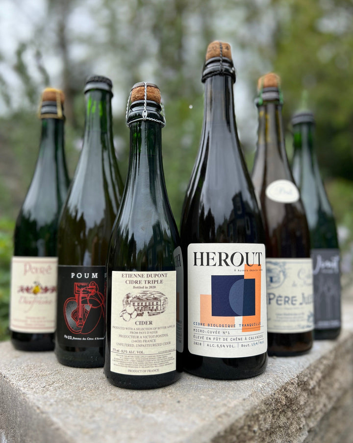 bottles of French cider and perry from Normandy and Britany France