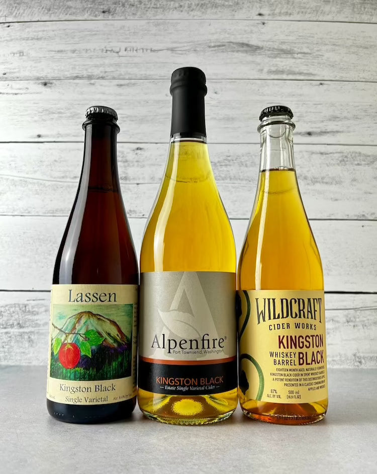 3 bottles of Kingston Black single varietal ciders from Lassen, Alpenfire, and Wildcraft