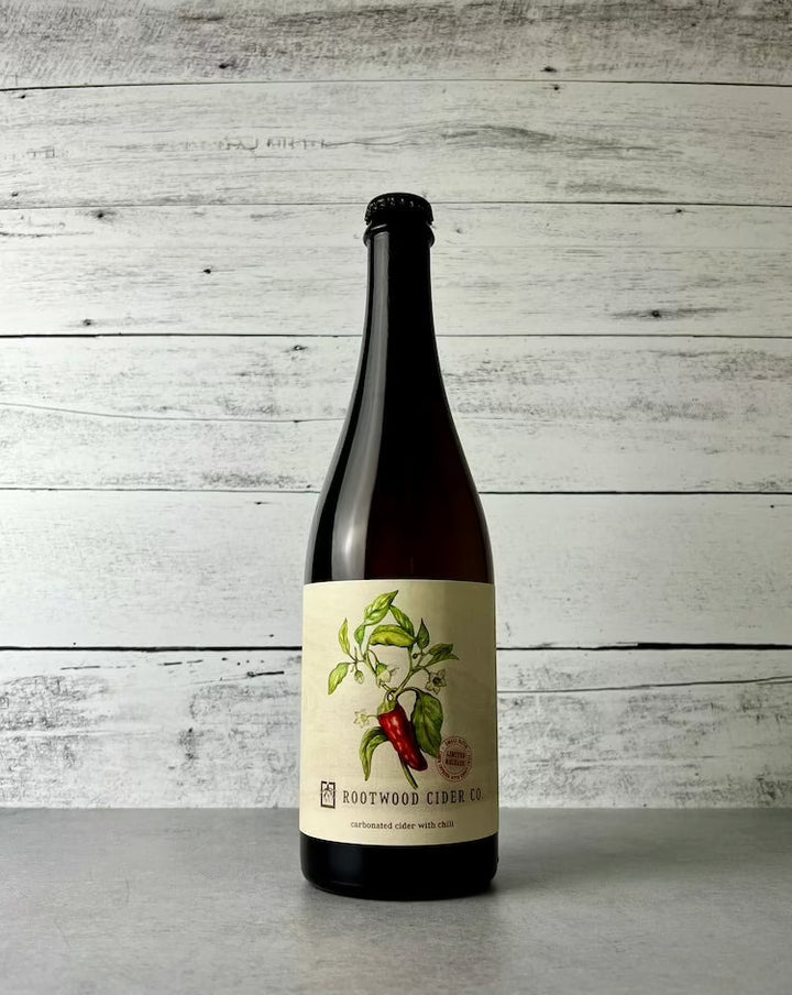 750 mL bottle of Rootwood Cider Co Golden Ghost - ghost pepper cider